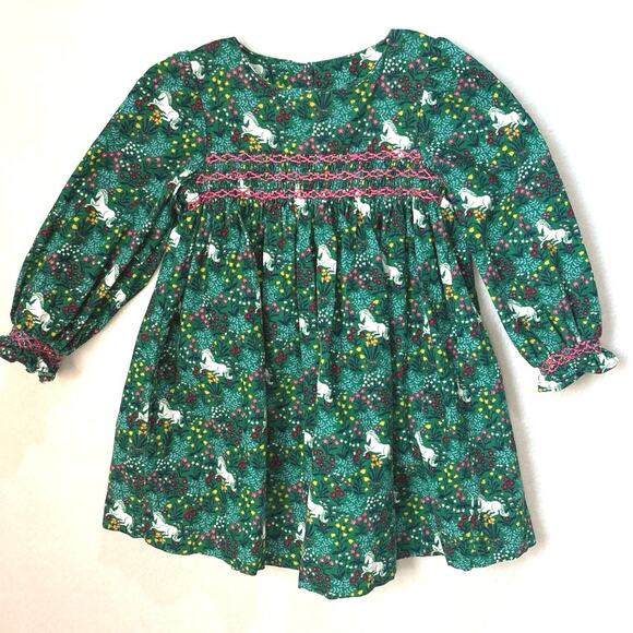Mini Boden Smocked Unicorn Long Sleeve Fine Corduroy Holiday Dress Size 3/4Y - Picture 1 of 9
